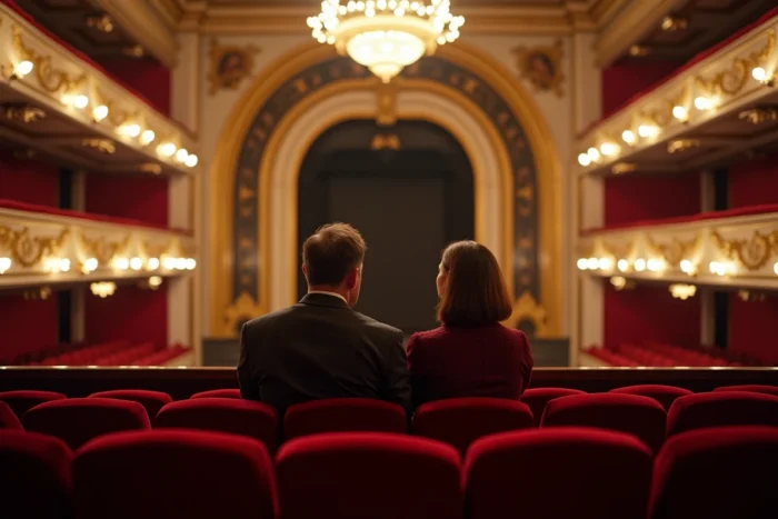 Couple installé aux meilleures places du balcon dans un théâtre parisien classique avant le spectacle