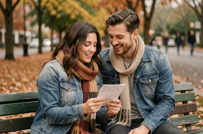 Couple lisant un petit mot d'amour ensemble sur un banc de parc en automne, moment romantique et complice