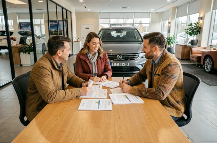 Couple en négociation avec un vendeur automobile dans une concession, comparaison de modèles pour acheter la bonne voiture