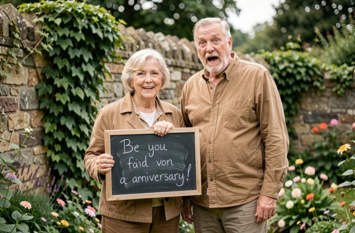 Couple tenant une pancarte humoristique pour célébrer 40 ans de mariage dans un jardin fleuri