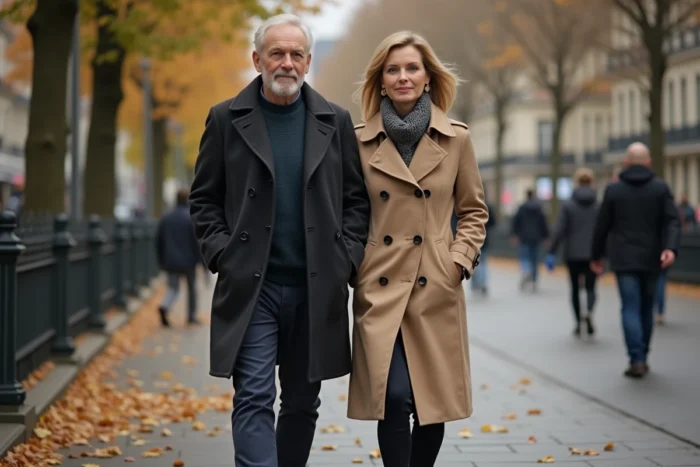 Couple marchant ensemble dans les rues de Paris en automne, scène de vie privée et quotidienne