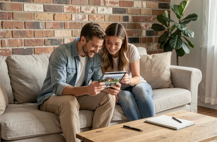 Couple consultant un site immobilier sur tablette dans leur salon, représentant la recherche commune d'un projet d'achat immobilier en ligne