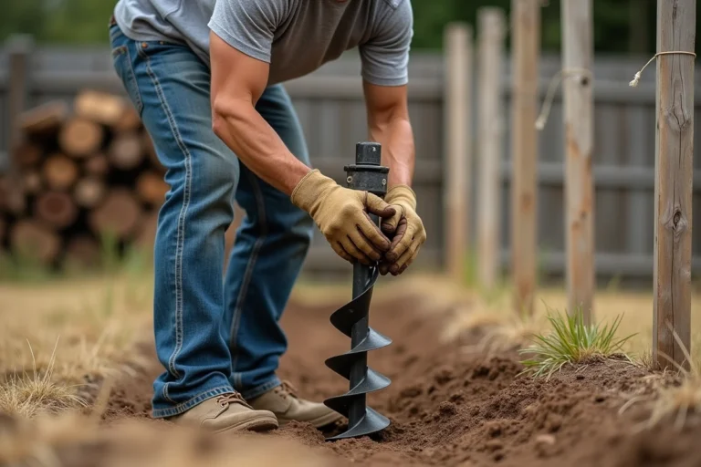 Homme utilisant un tarière manuelle pour creuser un trou de poteau de clôture dans un jardin