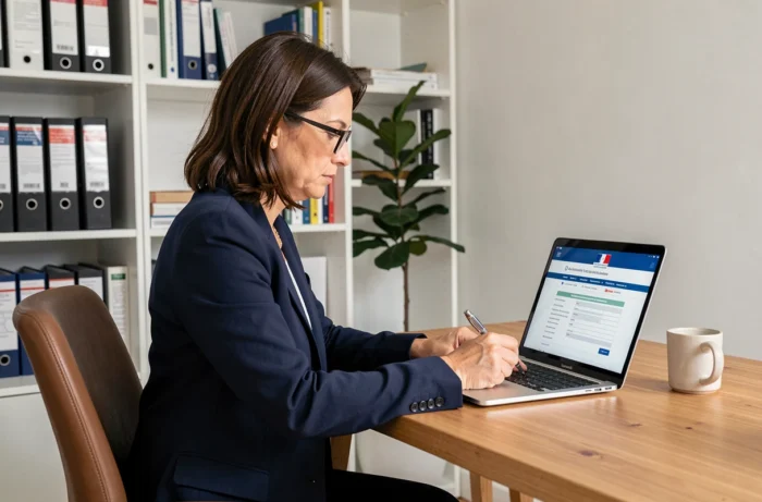 Femme professionnelle remplissant une déclaration d'expertise en ligne sur un ordinateur portable dans un bureau à domicile bien organisé