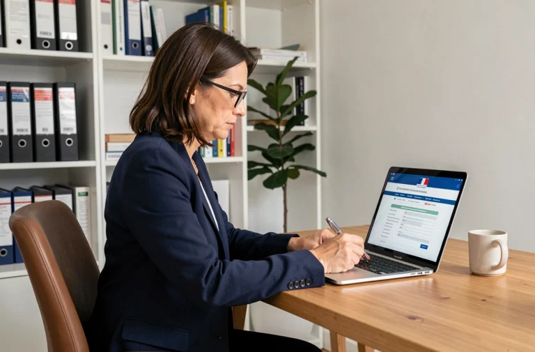 Femme professionnelle remplissant une déclaration d'expertise en ligne sur un ordinateur portable dans un bureau à domicile bien organisé