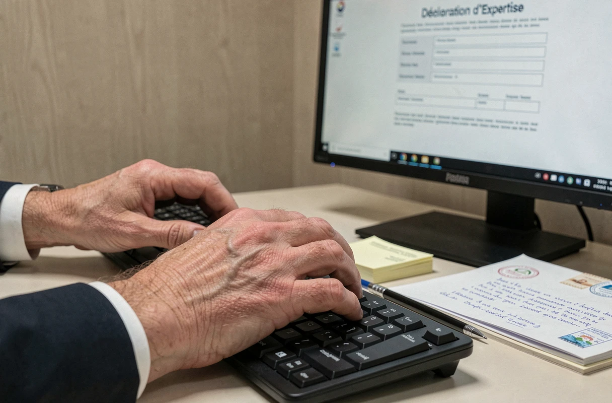 Gros plan sur les mains d'un professionnel saisissant une déclaration d'expertise sur un clavier avec le formulaire officiel visible en arrière-plan