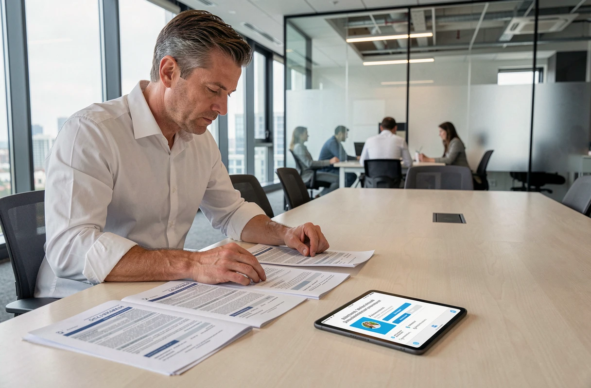 Homme consultant un dossier de déclaration d'expertise imprimé et une tablette dans une salle de réunion professionnelle moderne
