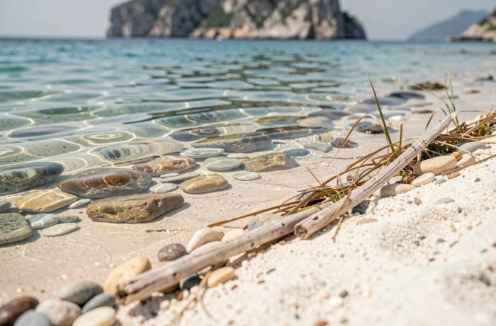 Détail de la plage sauvage des trois pointes à Bonifacio avec galets polis, sable blanc et eau cristalline en Corse du Sud