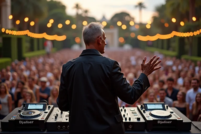DJ célèbre en performance lors d'un événement privé de luxe en plein air devant une foule élégante