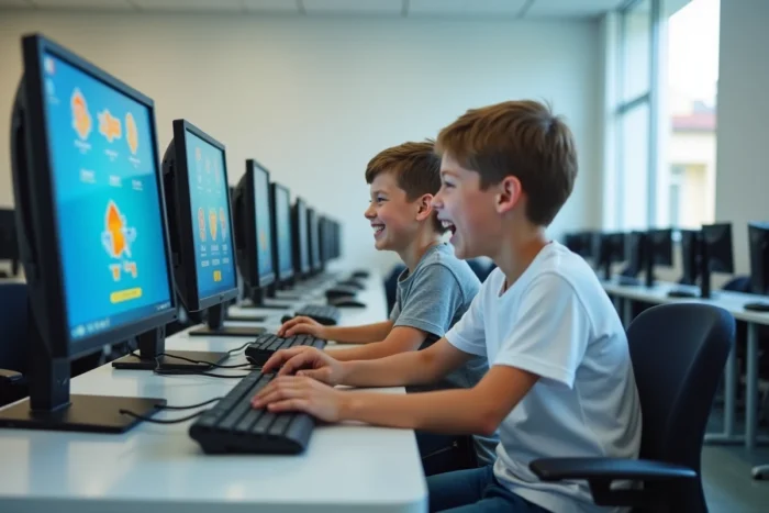 Deux garçons riant ensemble devant des ordinateurs dans une salle informatique scolaire en jouant à des jeux éducatifs