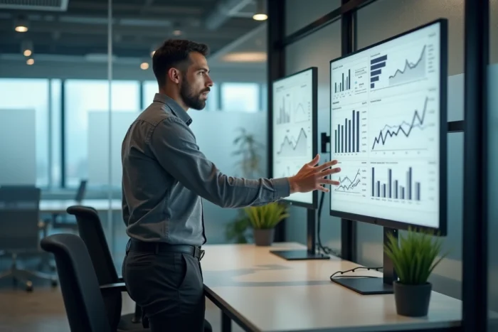 Entrepreneur masculin analysant des données de croissance dans un bureau privatif d'espace business