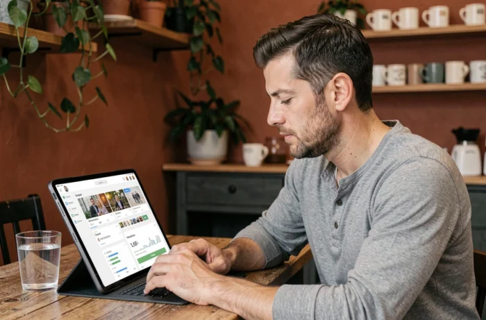 Entrepreneur indépendant gérant la présence en ligne de son entreprise via les réseaux sociaux depuis un café