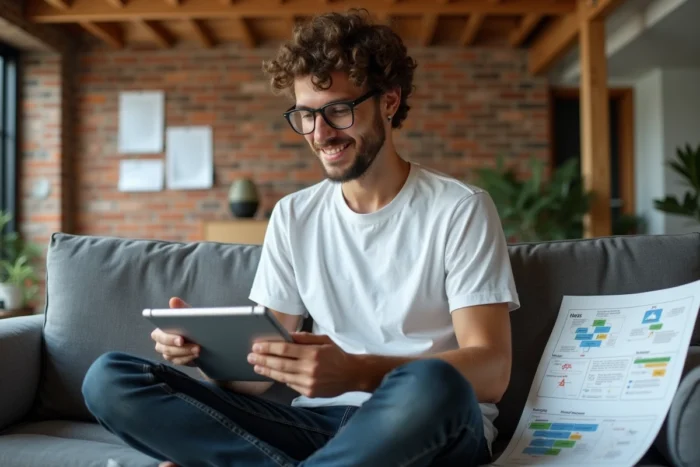 Jeune entrepreneur consultant une stratégie SEO sur tablette dans un studio créatif décontracté