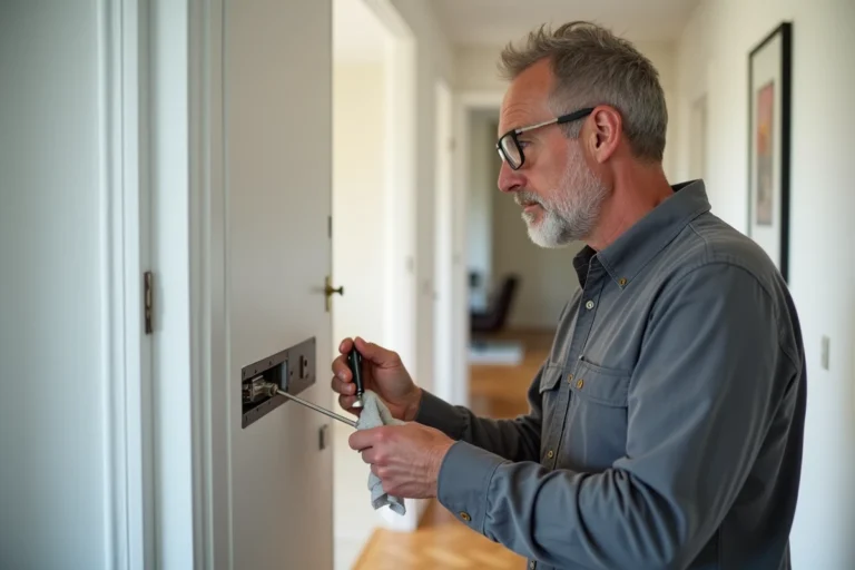 Homme entretenant une gâche électrique encastrée dans un chambranle de porte d'appartement