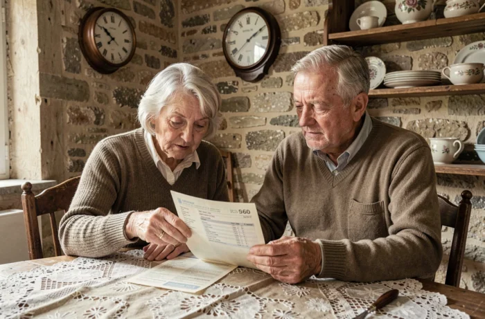 Couple de retraités français étudiant leurs relevés bancaires ensemble dans une maison de campagne provençale