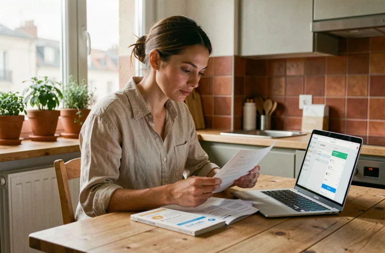 Jeune femme française dans la trentaine consultant ses documents d'épargne sur une table en bois dans une cuisine moderne