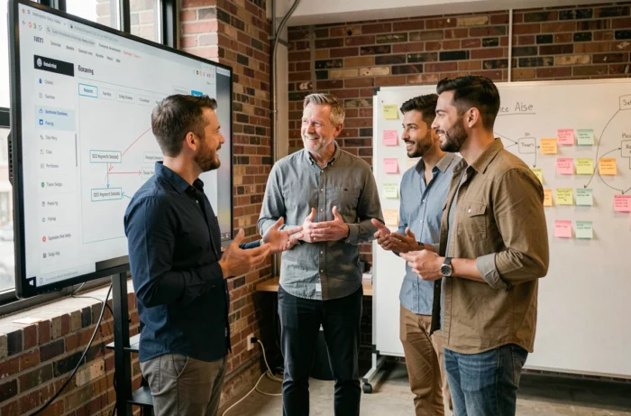 Équipe marketing collaborant autour d'une stratégie de référencement et de refonte de site web dans un espace de travail moderne
