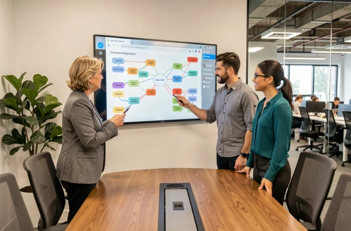 Équipe pluridisciplinaire collaborant sur un projet de migration cloud devant un écran interactif en salle de réunion
