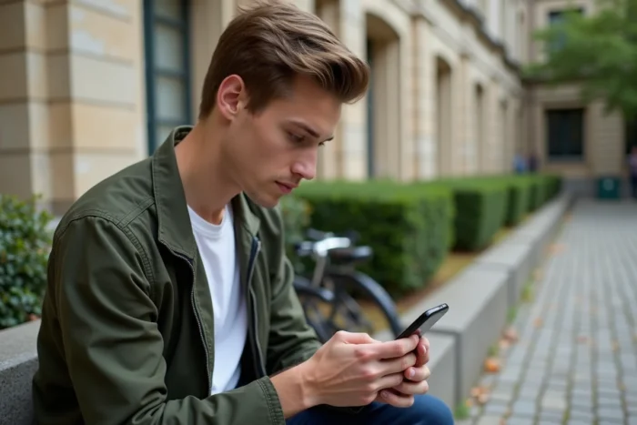 Étudiant consultant sa messagerie académique de Nantes sur smartphone dans la cour d'un campus universitaire historique