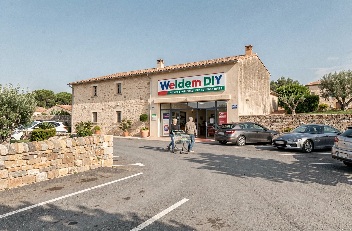 Façade extérieure du magasin Weldom nouvellement ouvert à Peyrolles-en-Provence avec parking et clients