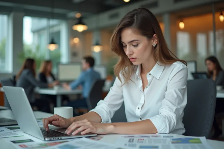 Femme consultant les actualités en temps réel sur un ordinateur portable dans une salle de rédaction moderne