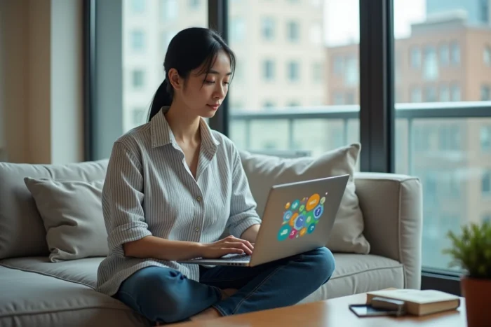 Femme adulte concentrée sur un jeu éducatif en ligne pour apprendre une langue étrangère sur son ordinateur portable dans un salon moderne
