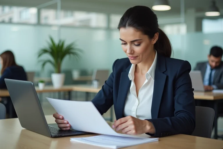 Femme d'affaires française remplissant le formulaire P2000 retraite dans un bureau moderne à Paris