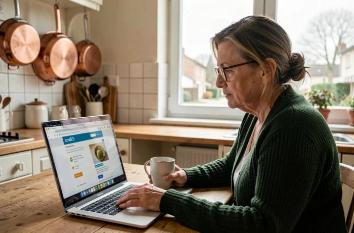 Femme consultant le site Ameli.fr sur son ordinateur portable comme alternative au numéro 3646 de la CPAM