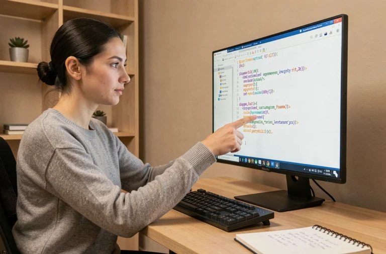 Femme développeuse web analysant du code HTML sur un écran d'ordinateur dans un bureau à domicile