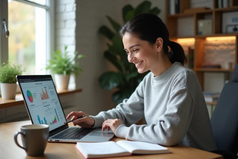 Femme professionnelle analysant des statistiques SEO sur un ordinateur portable dans un bureau à domicile moderne