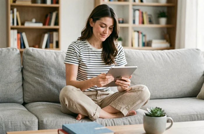 Jeune femme consultant une application de listes thématiques sur tablette dans son salon