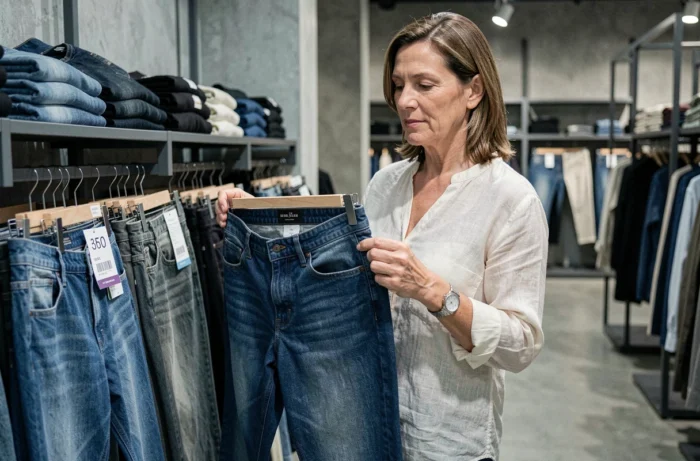 Femme cherchant sa taille de jean correspondant à un tour de taille 42 dans un magasin de vêtements
