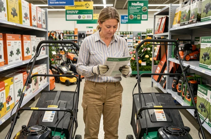 Femme comparant deux tondeuses thermiques dans un magasin de jardinage