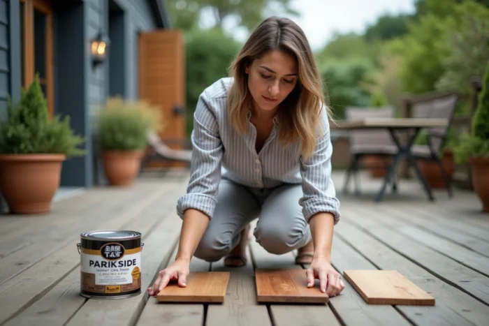 Femme inspectant une planche test comparant le bois non traité et le bois enduit de lasure Parkside Lidl sur une terrasse en bois