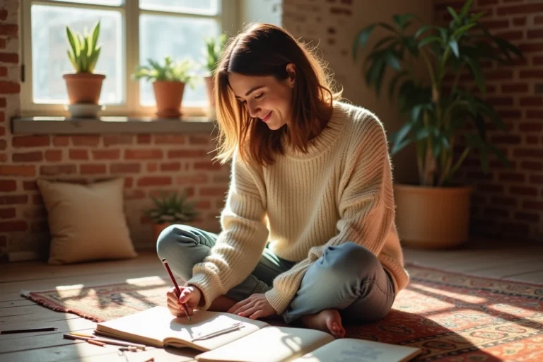 Femme dessinant dans son salon entourée de carnets de croquis et de crayons de couleur, activité créative pour le temps libre