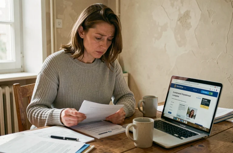 Femme consultant des documents Pôle emploi à domicile pour comprendre ses délais d'indemnisation