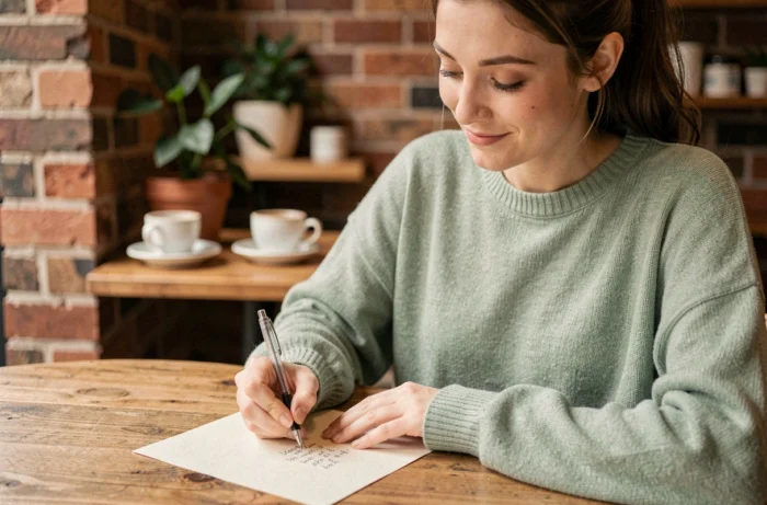 Jeune femme écrivant un petit mot d'amour manuscrit dans un café cosy, atmosphère romantique et moderne