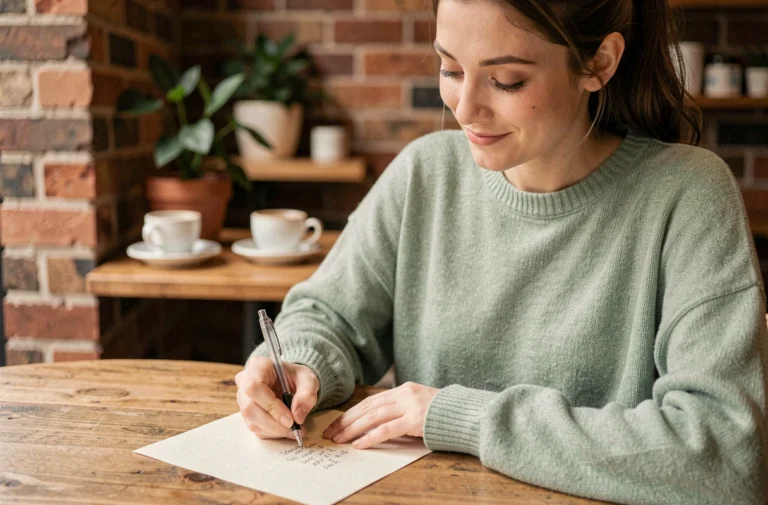 Jeune femme écrivant un petit mot d'amour manuscrit dans un café cosy, atmosphère romantique et moderne
