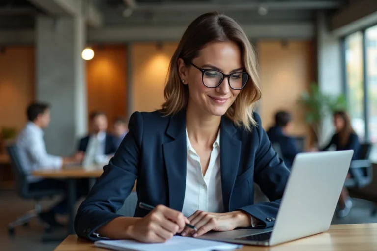 Femme professionnelle travaillant sur son activité depuis un espace business moderne et collaboratif