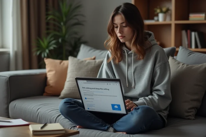 Femme consultant les paramètres de stockage Windows 10 pour gérer le dossier ESD système