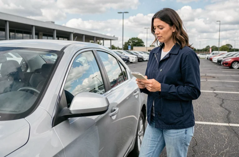 Femme examinant une voiture d'occasion dans un parking de concession automobile, conseils pour bien choisir sa voiture