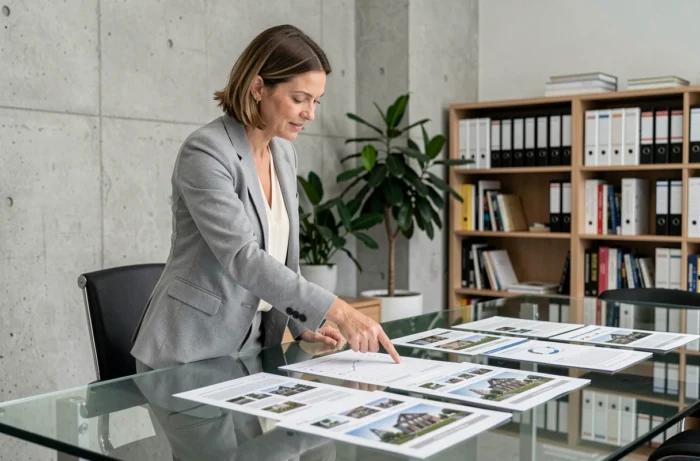 Femme investisseuse présentant des rapports de placement immobilier dans un espace de coworking professionnel