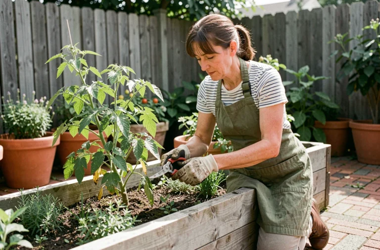 Femme jardinière entretenant un potager surélevé en bois avec des tomates et des herbes aromatiques dans un jardin suburban
