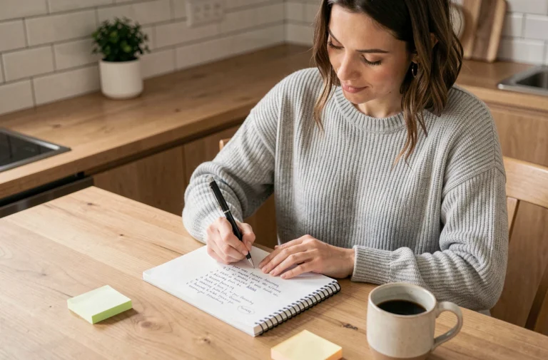 Femme consultant une liste thématique manuscrite dans une cuisine moderne et chaleureuse