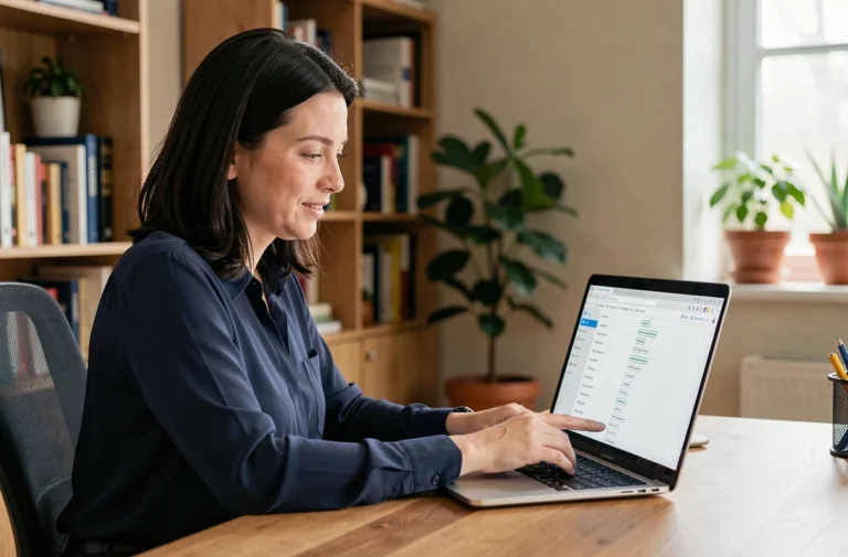 Femme naviguant sur le plan du site Daily Live depuis son bureau à domicile sur un ordinateur portable