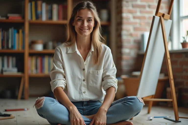 Femme peignant sur une toile dans un atelier d'artiste cosy avec des murs en brique apparente