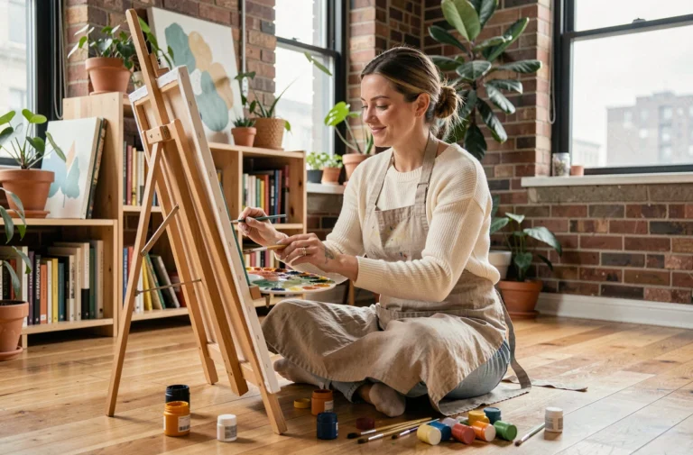 Femme peignant sur toile dans un appartement cosy, activité créative pour occuper son temps libre intelligemment