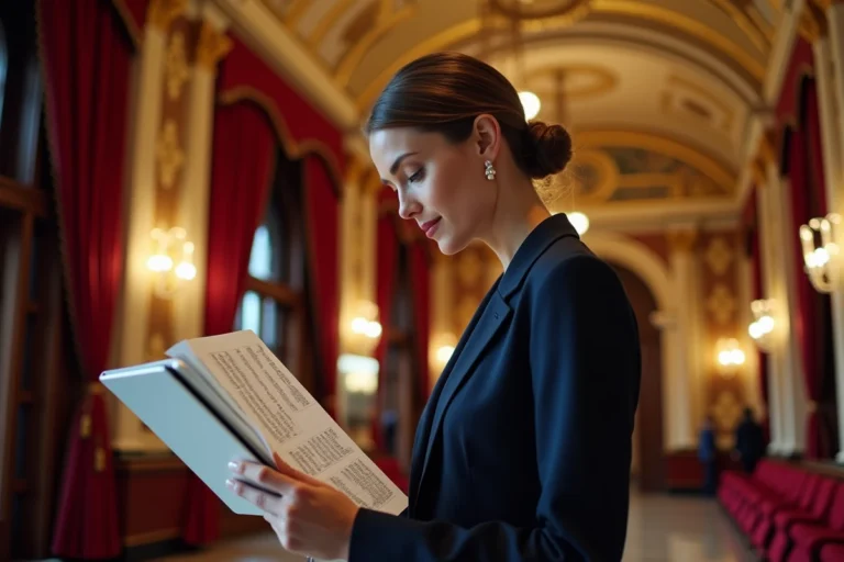 Femme consultant le plan de salle du théâtre du Palais-Royal dans le hall orné avant un spectacle