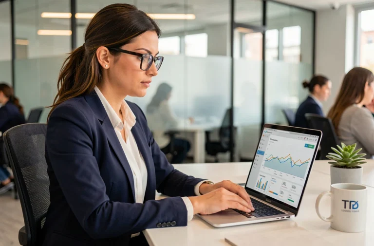 Femme professionnelle analysant les statistiques de présence en ligne d'une entreprise sur un ordinateur portable dans un bureau moderne
