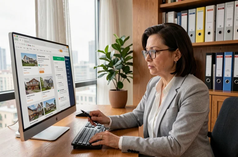 Femme consultant des annonces immobilières en ligne depuis son bureau à domicile, illustrant la recherche de projet immobilier sur internet
